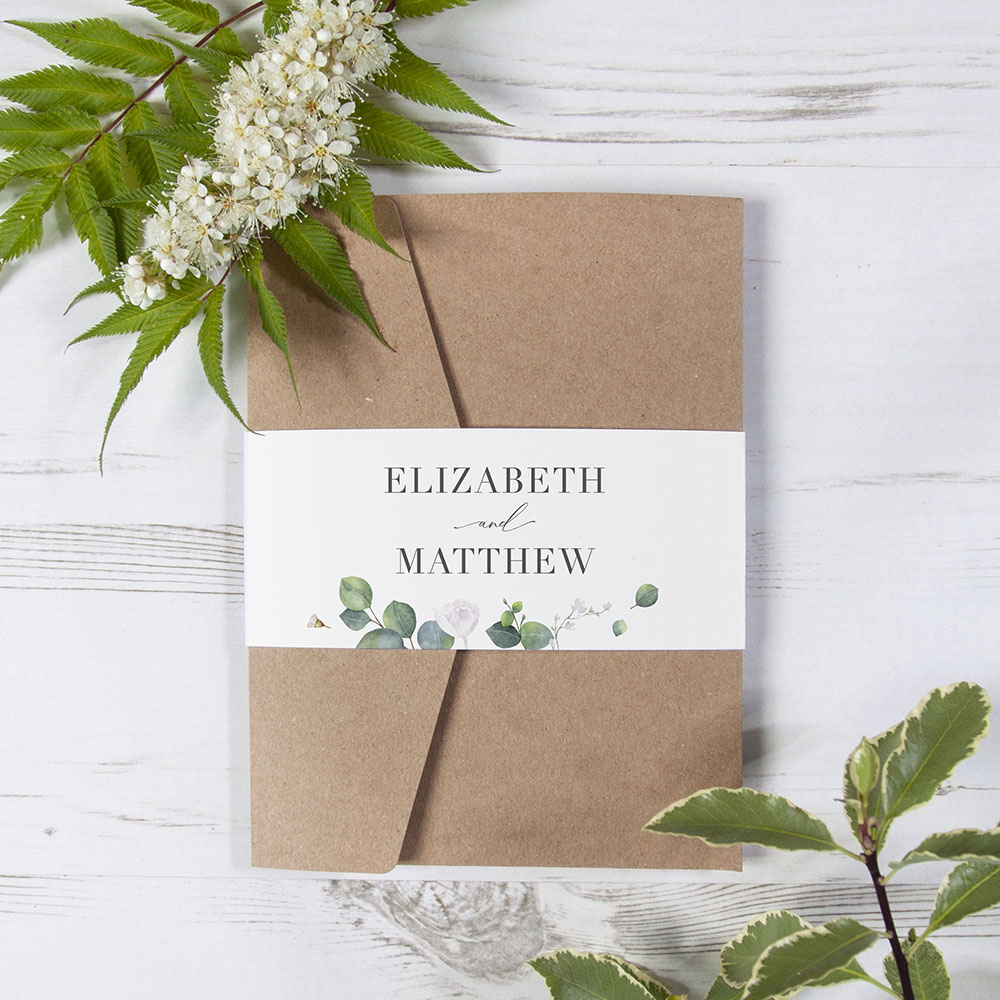 Pocketfold Wedding Invitations 'Eucalyptus White'